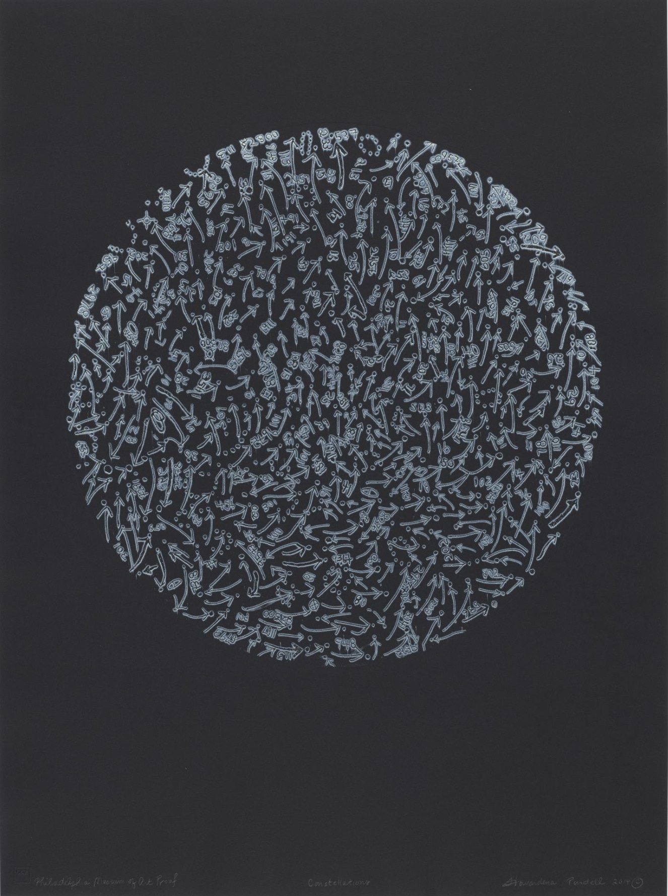 White arrows and numbers assembled in a circle on a black background. Howardena Pindell's signature can be found in bottom right.