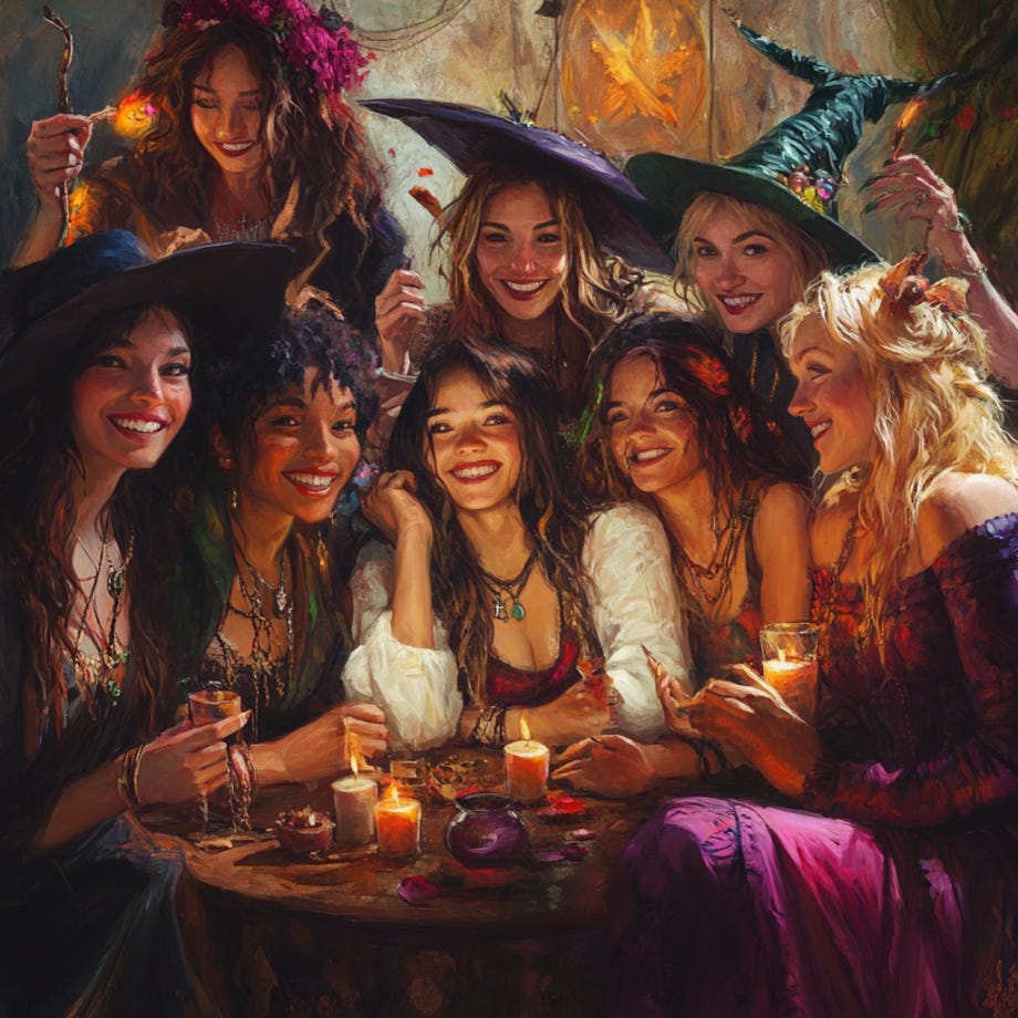 Joyful gathering of diverse witches in a cozy setting, celebrating with candles and laughter