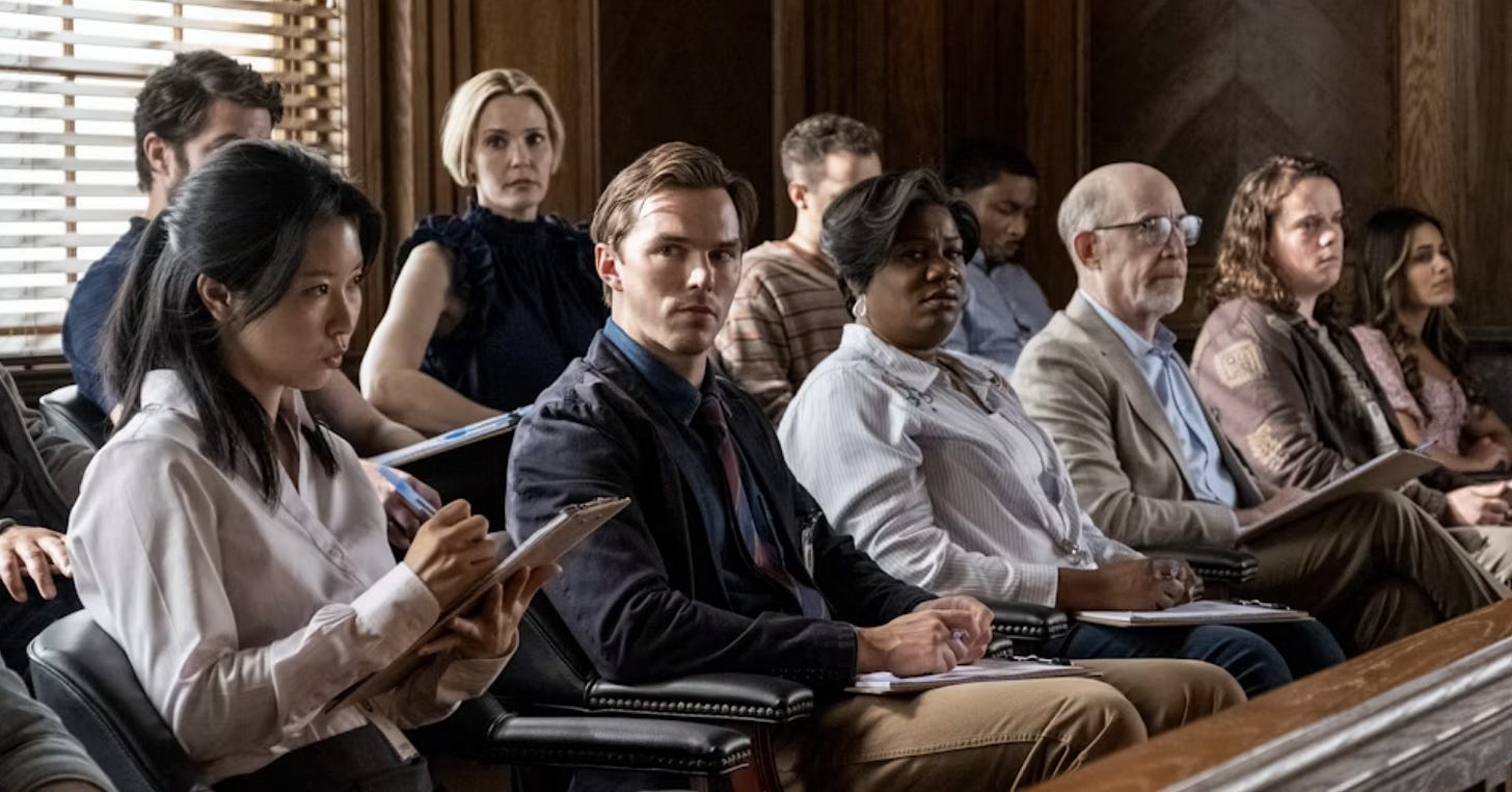 scene from film Juror number 2 with jurors sitting in court