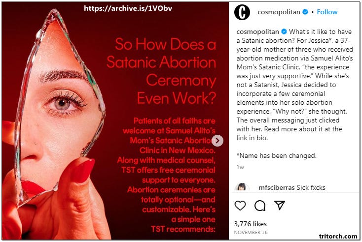 cosmopolitan magazine promotes satanic aborions