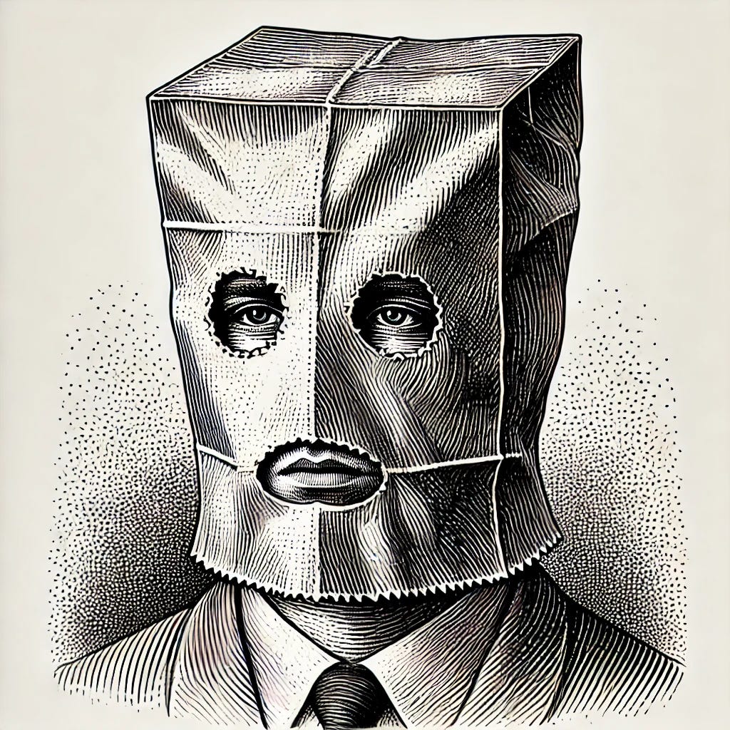 A black-and-white Noli Novak-style hedcut illustration of a person wearing a paper bag over their head with eye holes cut out, in the style of 'The Unknown Comic' (Murray Langston). The image is highly detailed with fine crosshatching, stippling, and engraved textures, resembling a traditional Wall Street Journal portrait. The figure is facing forward with a neutral expression, the paper bag drawn with realistic folds and shadows. Pen-and-ink style, classic engraved aesthetic, no color, no background.