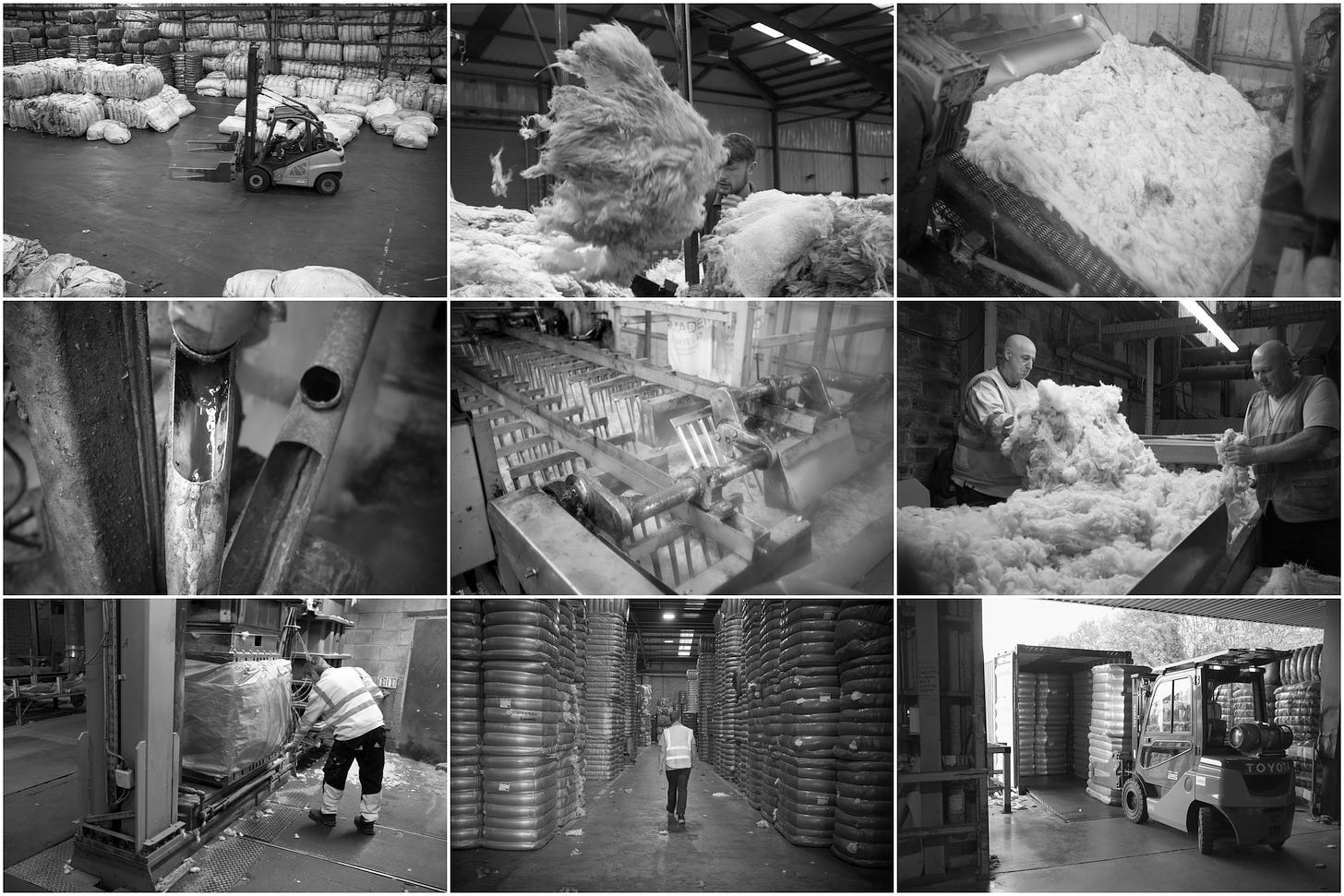 A nine image montage showing the grading and scouring process involved when getting wool ready to be used in a wool duvet. Graders sort the wool and can differentiate from over 100 types.  It then travels from the feeding belt,  through the wool opening machines, and then the scour line consisting of five washing bowls before being dried and blown onto the picking table for final inspection. It is then bailed before being sent to Baavet to be carded and quilted in a fine cotton cover to become a Baavet wool duvet.