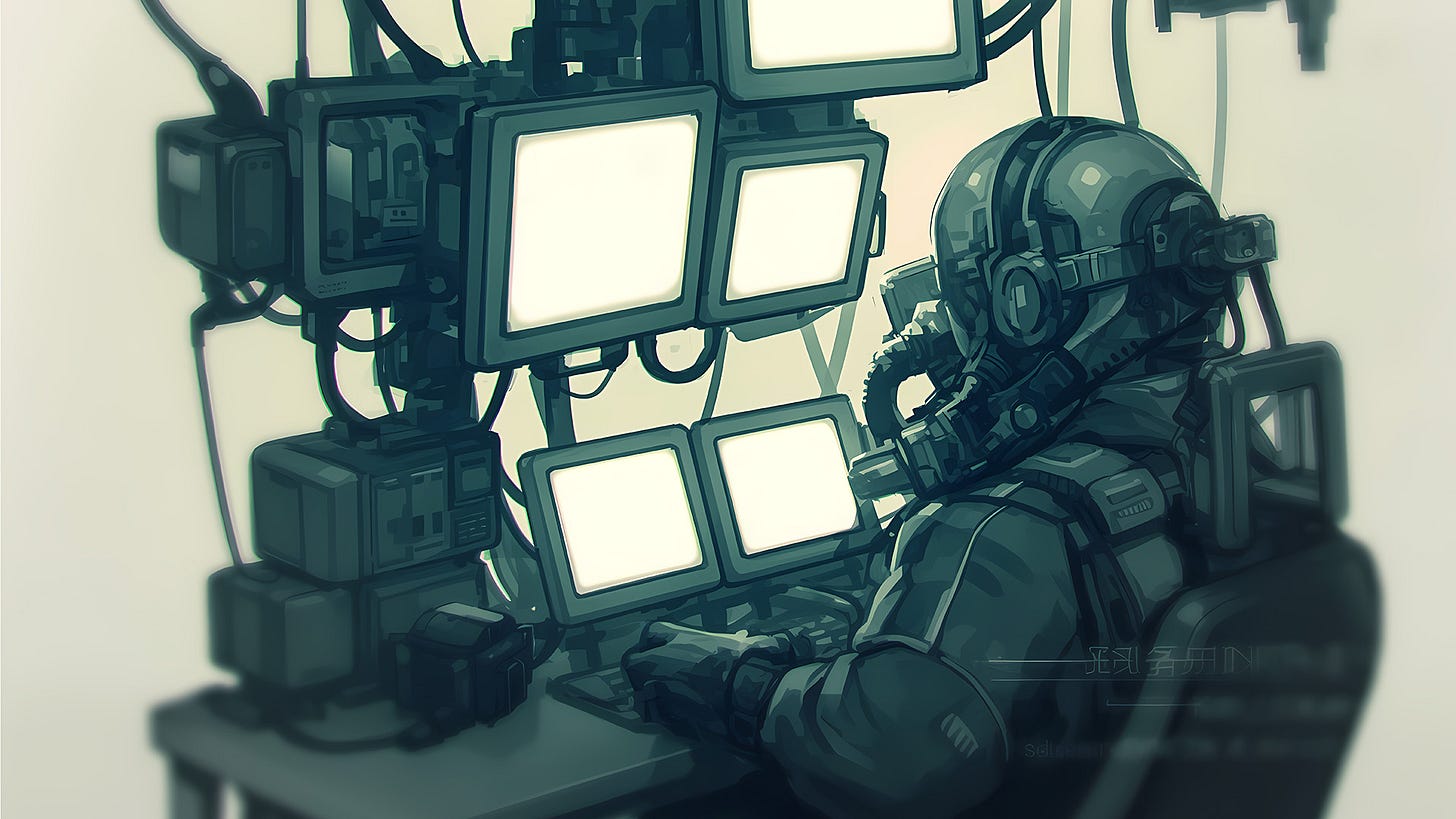 A figure in protective gear sits at a desk facing multiple glowing monitors stacked chaotically above them. The monitors are connected by tangled cables, creating a wall of screens. The image has a soft, teal-tinted monochromatic palette. Style: Dystopian sci-fi digital art with atmospheric depth-of-field effects. Themes: Information overload, sensory processing challenges, the struggle to filter and process multiple inputs simultaneously - resonating with the AuDHD experience of trying to manage overwhelming streams of information while maintaining focus.