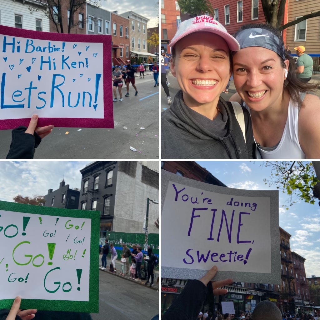 1) Sign that says "Hi Barbi! Hi Ken! Let's Run!" 2) Leah and friend smiling, 3) Sign that says, "Go! Go! Go!", 4) Sign that says, "You're doing FINE, sweetie!"