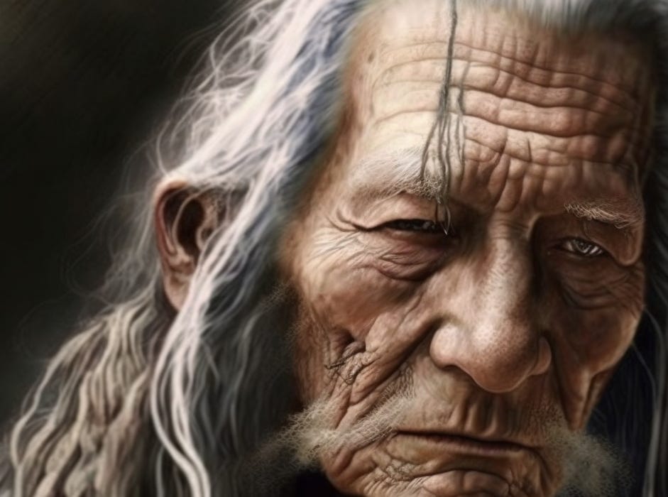 An old man with long hair and rough skin looks at the camera