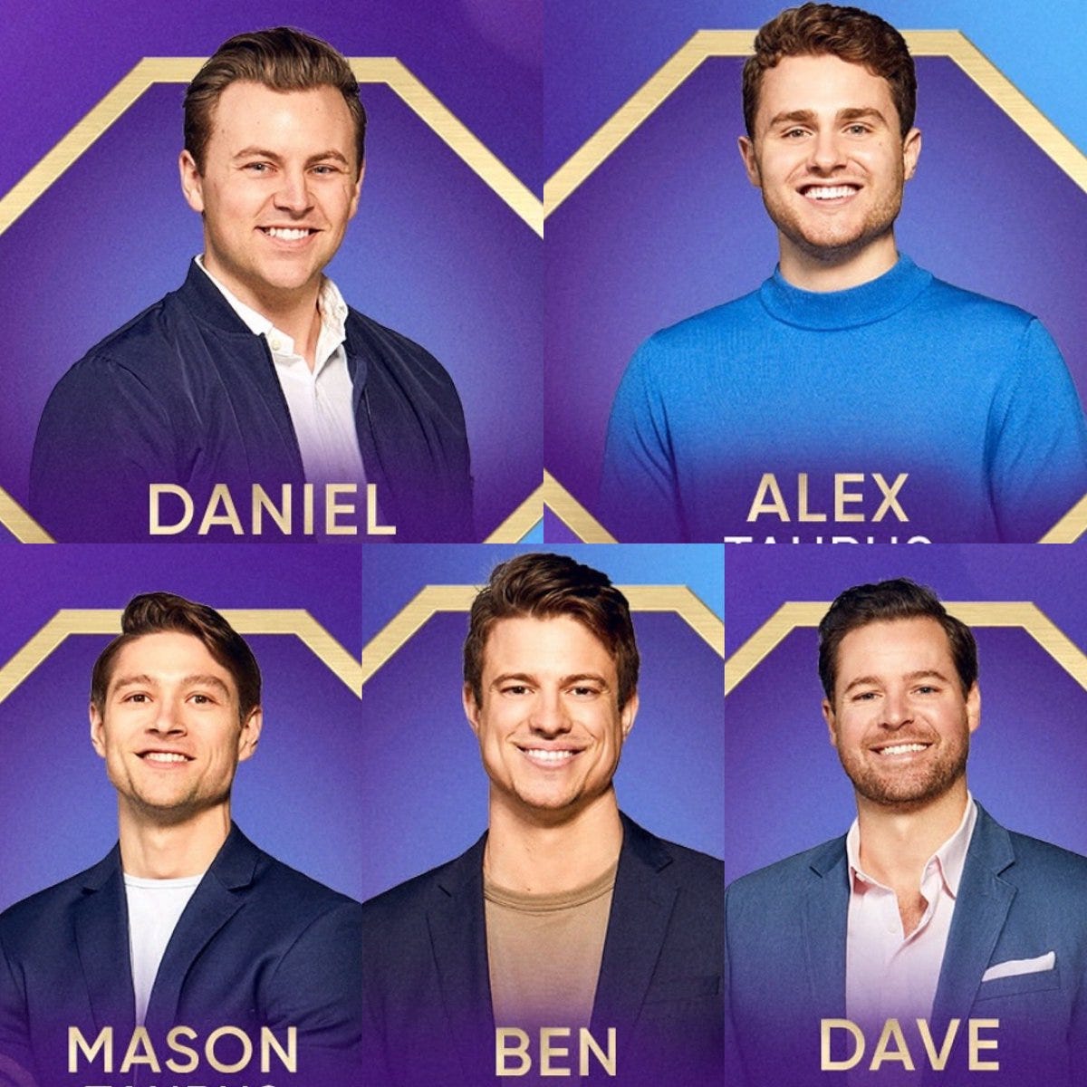 Daniel, Alex, Mason, Ben and Dave from Season 8 of Love is Blind in their promo pics. They all have extremely similar coloring (white) and brown hair and smiles.