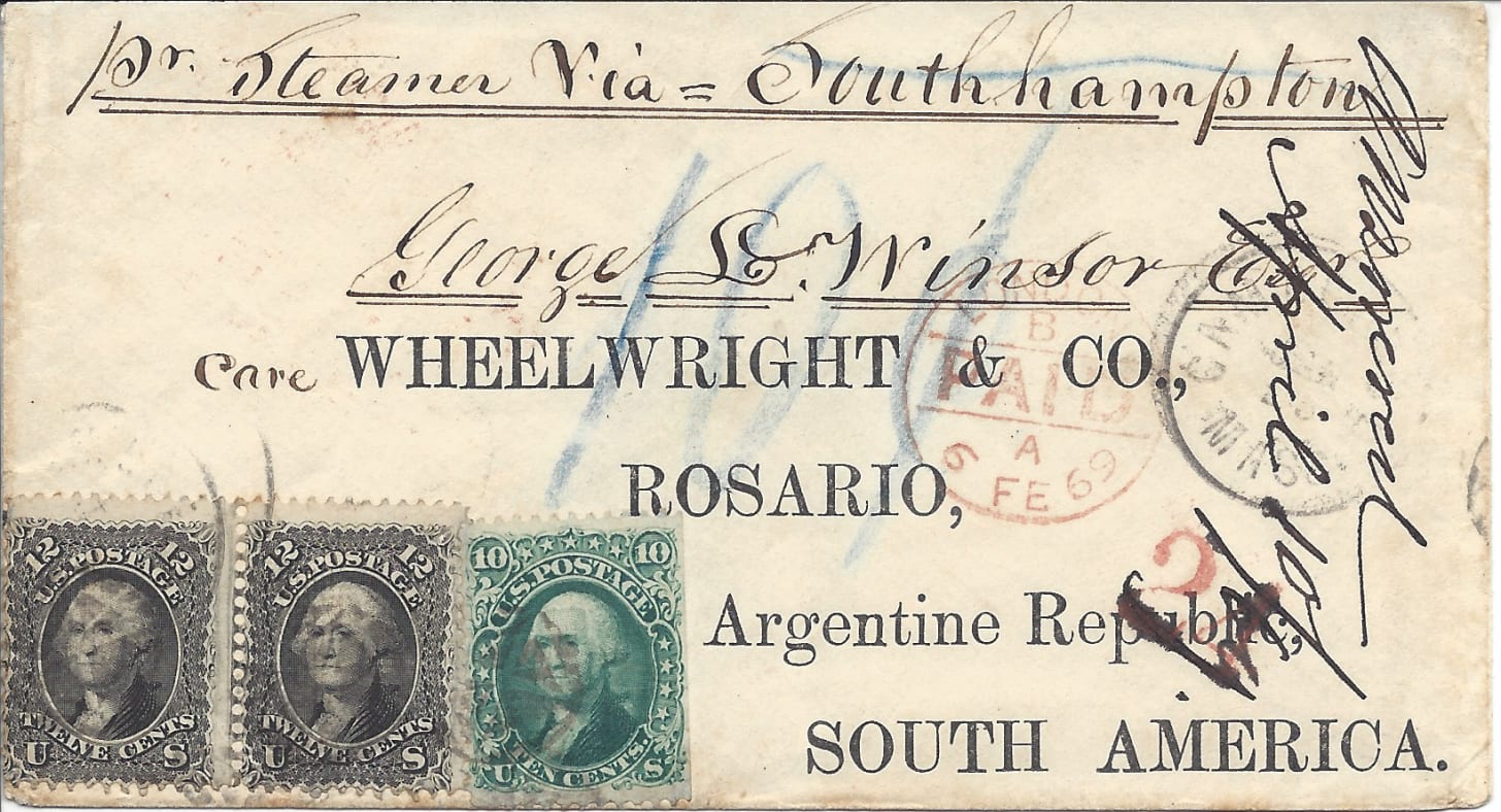 1869 envelope from the US to Argentina