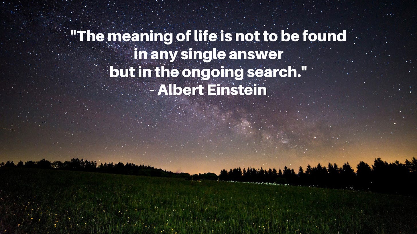 Star-stetted night scene with this inset caption: "The meaning of life is not to be found in any single answer but in the ongoing search." - Albert Einstein