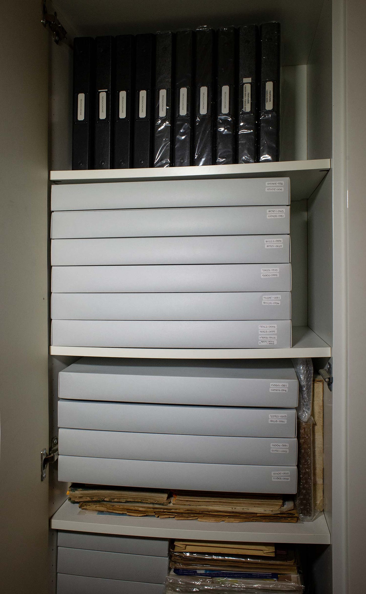 Archival storage boxes in a closet at the office of DUITS.