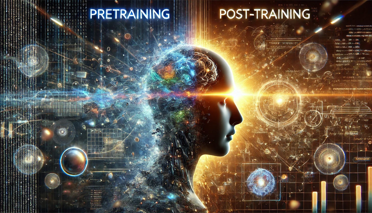 A cinematic digital illustration of an artificial intelligence entity transitioning between two phases: 'Pretraining' and 'Post-Training.' The left side represents the pretraining phase, with the word 'Pretraining' glowing prominently above, surrounded by a futuristic, chaotic data stream of binary code, swirling images, and graphs. The right side represents the post-training phase, with the word 'Post-Training' glowing boldly, featuring the AI in a focused, organized environment analyzing complex problems like interconnected networks, equations, and holographic diagrams. The lighting is dynamic, with dark, moody tones on the pretraining side shifting to a vibrant, golden glow on the post-training side. The scene is visually cinematic, with high contrast and dramatic lighting effects.