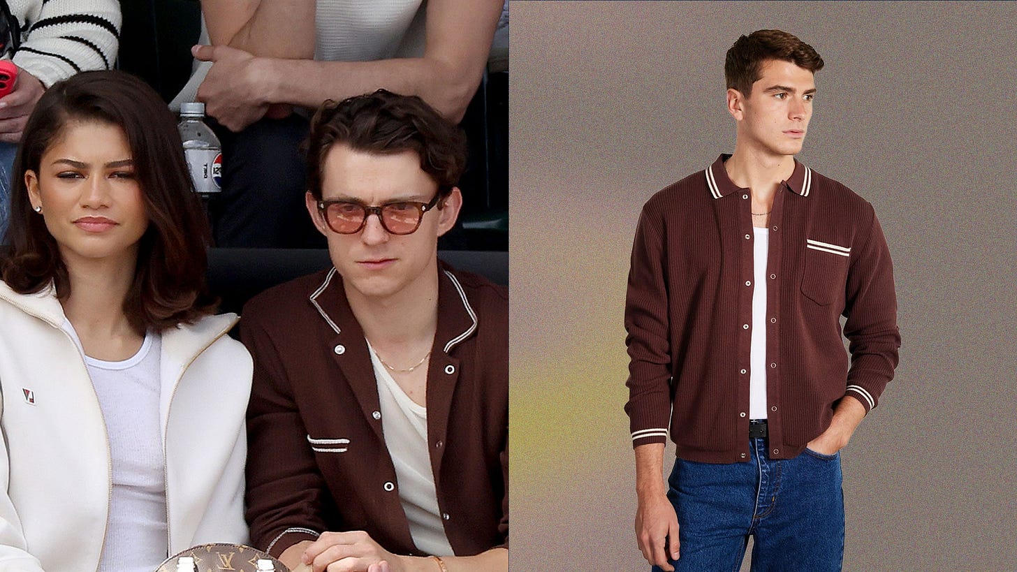Image may contain Tom Holland Zendaya Clothing Coat Jacket Adult Person Accessories Glasses Knitwear and Sweater