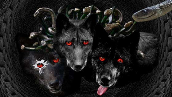 A monstrous three-headed hound lunges out of a tunnel, his eyes a-flame, his mane of vipers hissing, his serpent-headed tail looming in from above. His fur is black as night except for one white spot around one red eye.