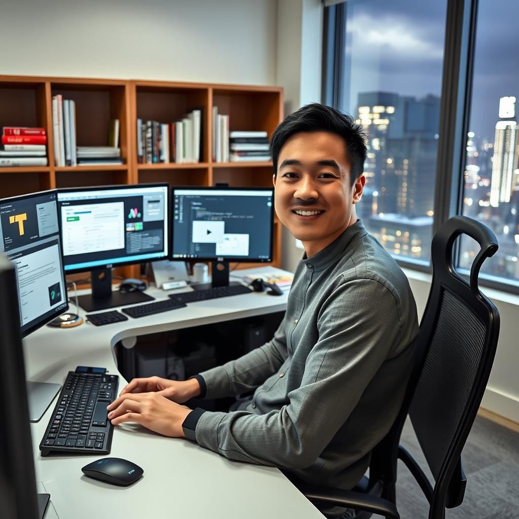 A smiling Asian man sitting at a desk with multiple monitors and a city skyline visible through the window