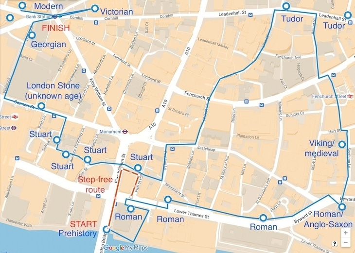 A map showing different time period in London