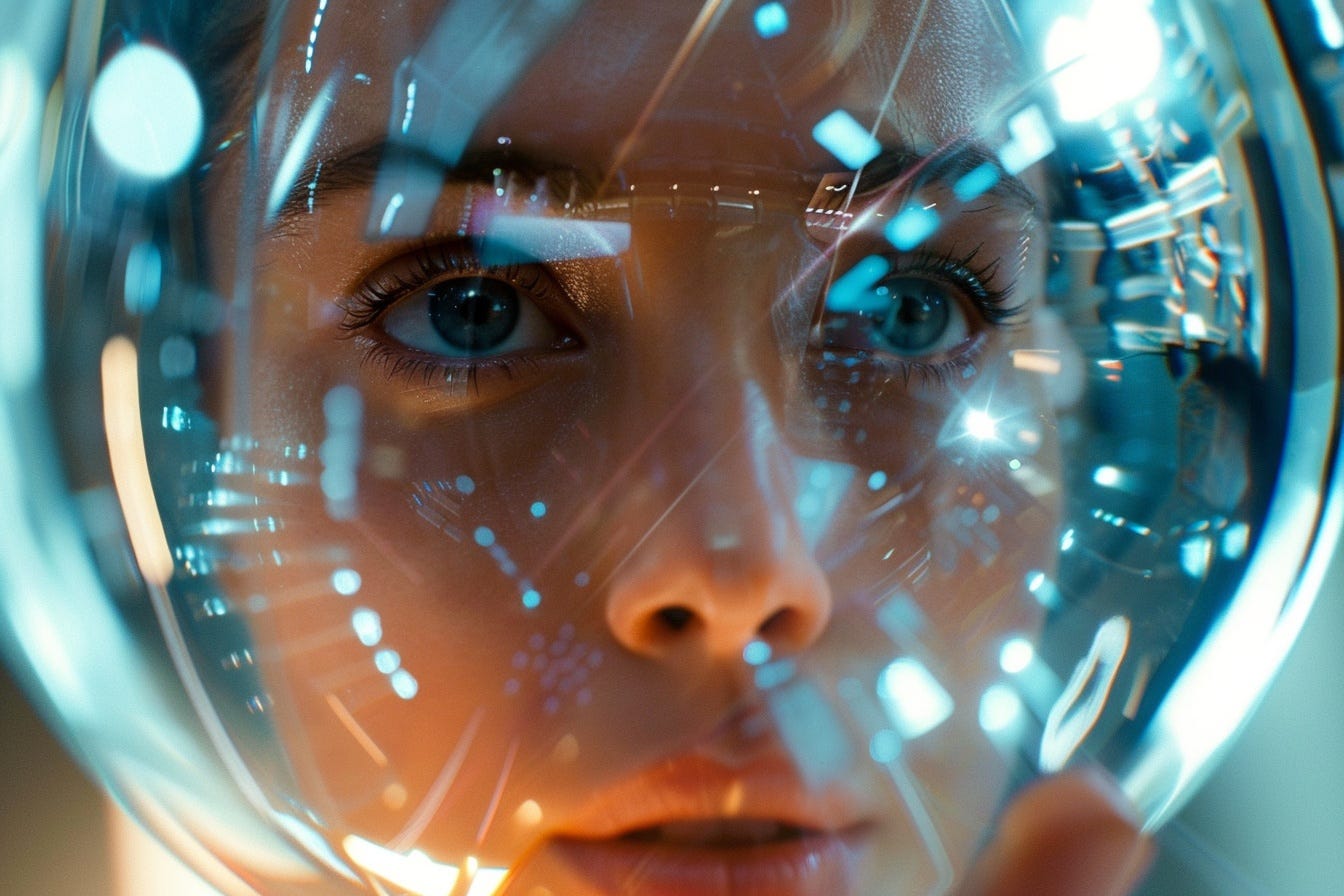 Close-up of a female face looking through a crystal ball. Image generated using Midjourney