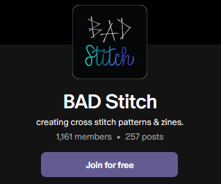 A screenshot of BAD Stitch Patreon showing the BAD Stitch logo and a button that says Join For Free. A screenshot of BAD Stitch Patreon showing the BAD Stitch logo and a button that says Join For Free.