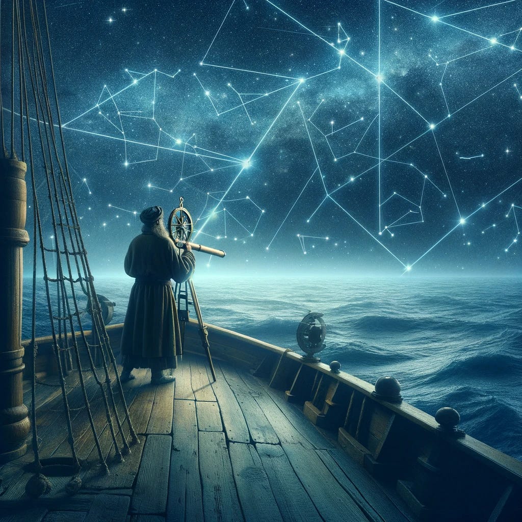 An ancient navigator using the stars to create early maps and navigation systems, standing on the deck of a wooden ship at night, peering into the sky with a sextant. The ocean is vast and dark below, with constellations clearly visible in the night sky above, illustrating the concept of finding order in chaos. The image conveys a sense of discovery and the human endeavor to impose order on the unknown.