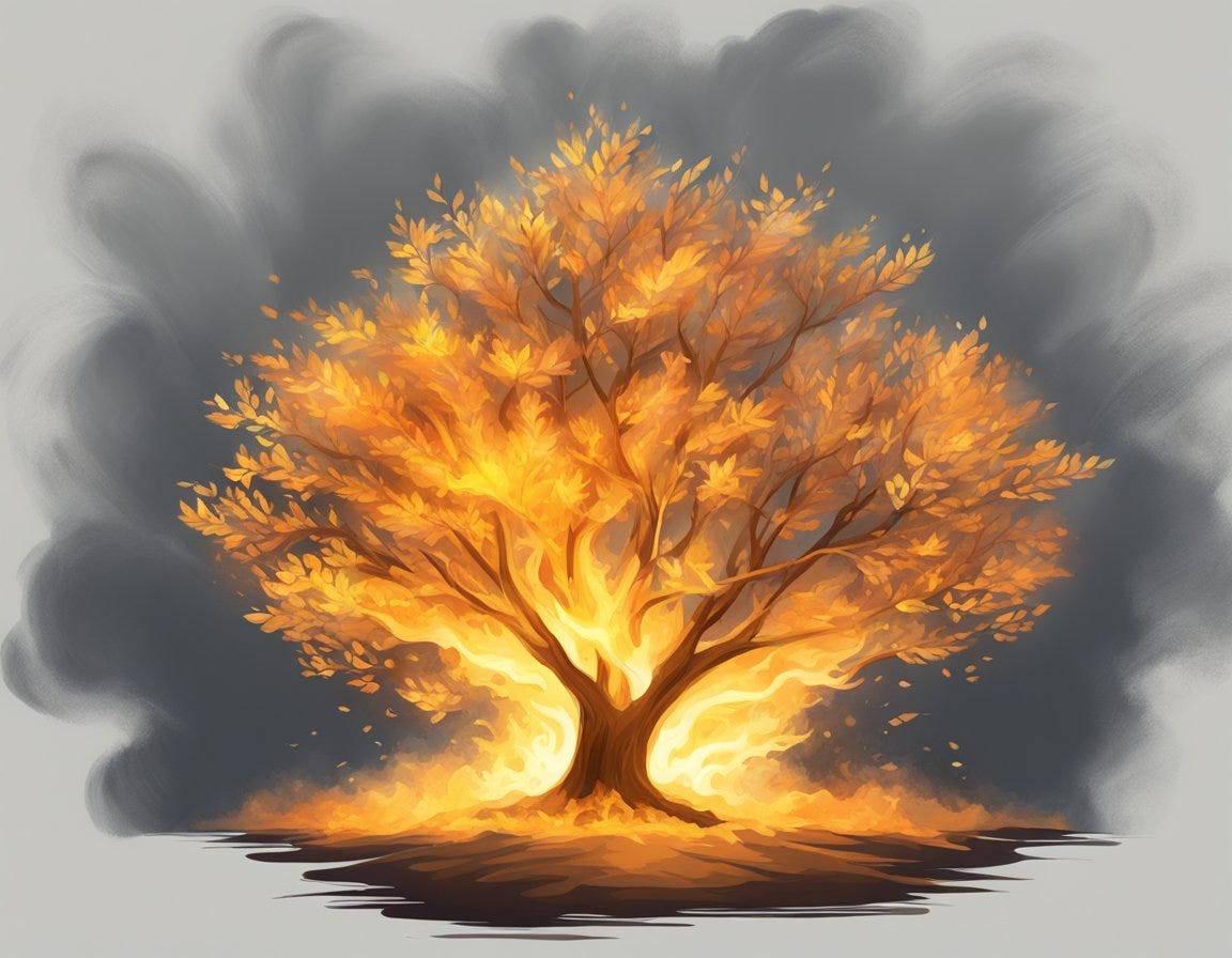 A burning bush glows with fire but does not consume