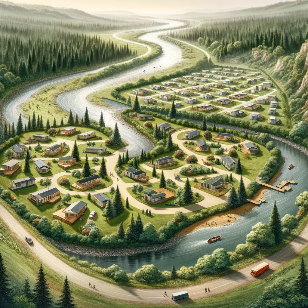 Visualize a mobile home park that's expanding within natural boundaries. The park is surrounded by a flowing river on one side, creating a serene boundary. On the opposite side, a dense forest marks the edge of the park, with clearings here and there for future expansions. The mobile home park is nestled in a valley, giving it a secluded feel. Within the park, the expansion is happening in harmony with nature: new mobile homes are being installed with care not to disturb the existing trees and wildlife. Some mobile homes are tucked away in small clearings in the woods, while others are arranged in clusters with communal green spaces in between. The layout of the park follows the natural topography, with paths winding around the landscape, leading to the riverbank where there's a small dock for canoes and a picnic area. This scene showcases a community growing in a sustainable manner, respecting and incorporating the natural beauty of its surroundings.