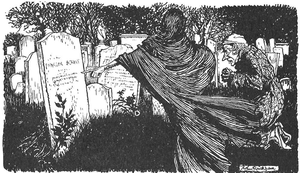 Scrooge crept towards it, trembling as he went [See page 91" — C. E.  Brock's thirteenth illustration for "A Christmas Carol" (1905)