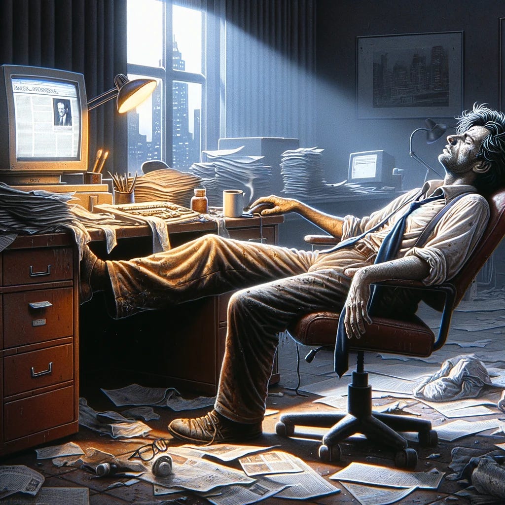 A depiction of a lazy journalist in an office setting. The scene includes a male journalist with disheveled hair and a five o'clock shadow, wearing a wrinkled shirt and loosened tie, slumped in an office chair with his feet up on a cluttered desk. The desk is covered with scattered papers, empty coffee cups, and a blinking computer screen displaying an unfinished article. The room is dimly lit, creating a disorganized and neglected atmosphere. The window shows a cityscape view, suggesting an urban office environment.