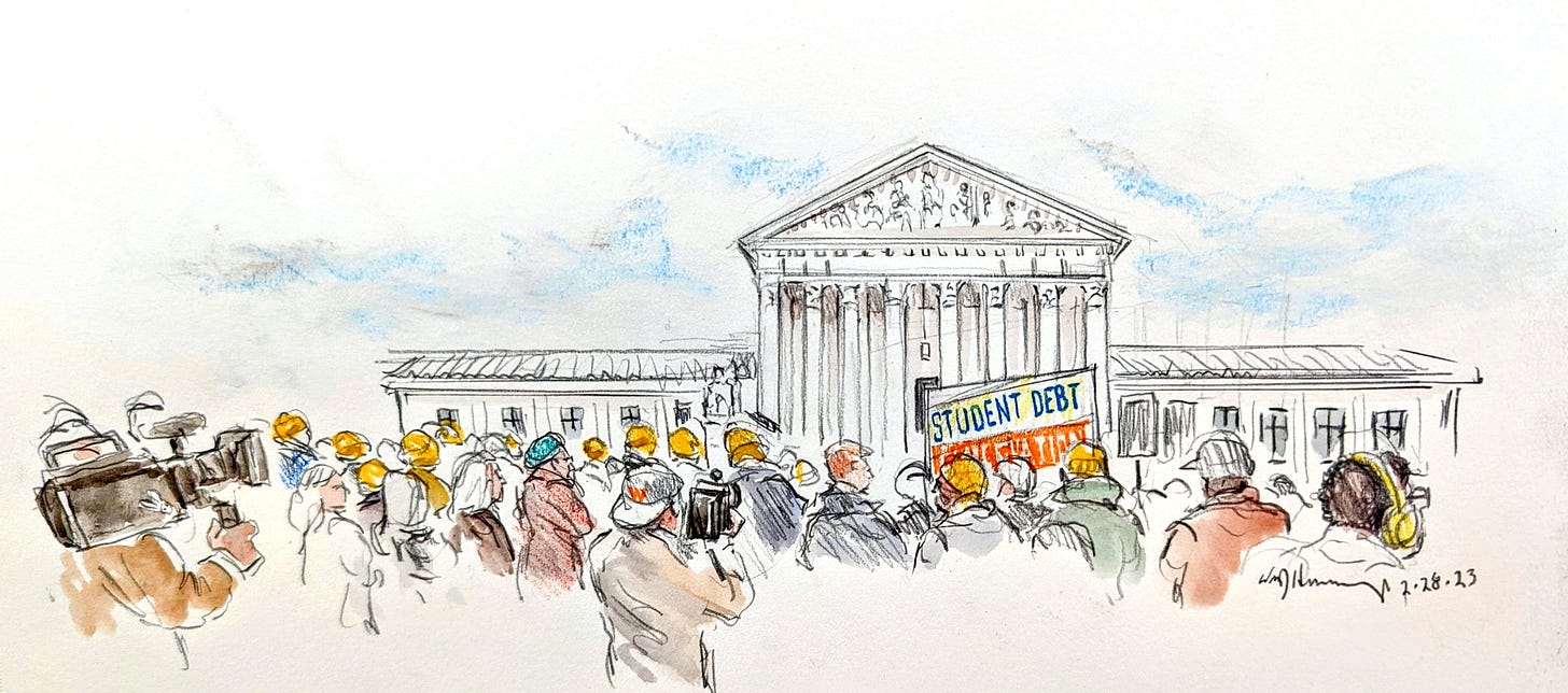 A sketch of protestors in front of the US Supreme Court