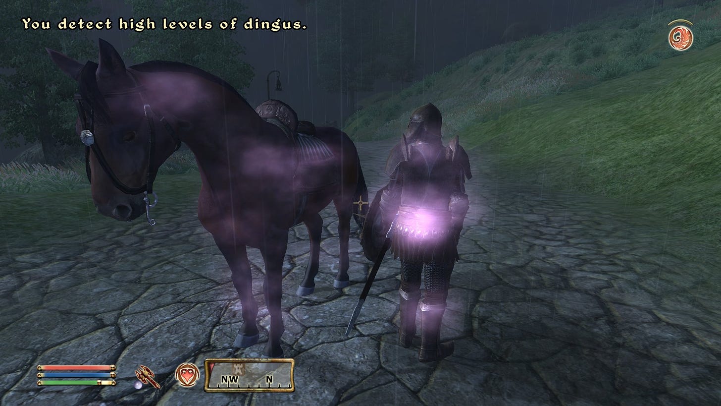 A screenshot from Skyrim showing a guard and a horse with a detect spell cast on them in a rainy outdoor area with text at the top left of the screen reading "You detect high levels of dingus."