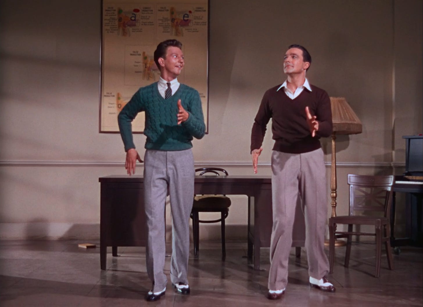 Donald O'Connor as Cosmo Brown (left) and Gene Kelly as Don Lockwood (right) in SINGIN' IN THE RAIN.