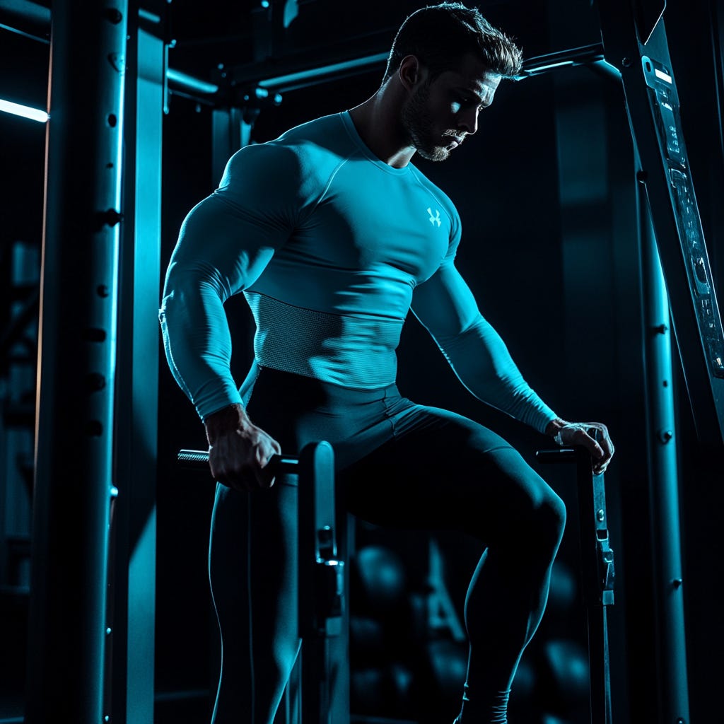 Fit muscular man wearing light blue under-armour shirt and black leggings performing a 5RM RFESS test.