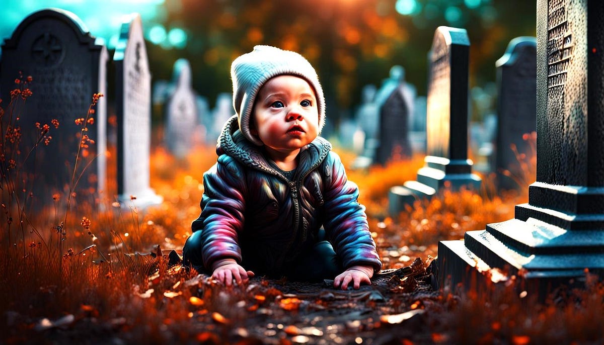 Baby crawling in a graveyard