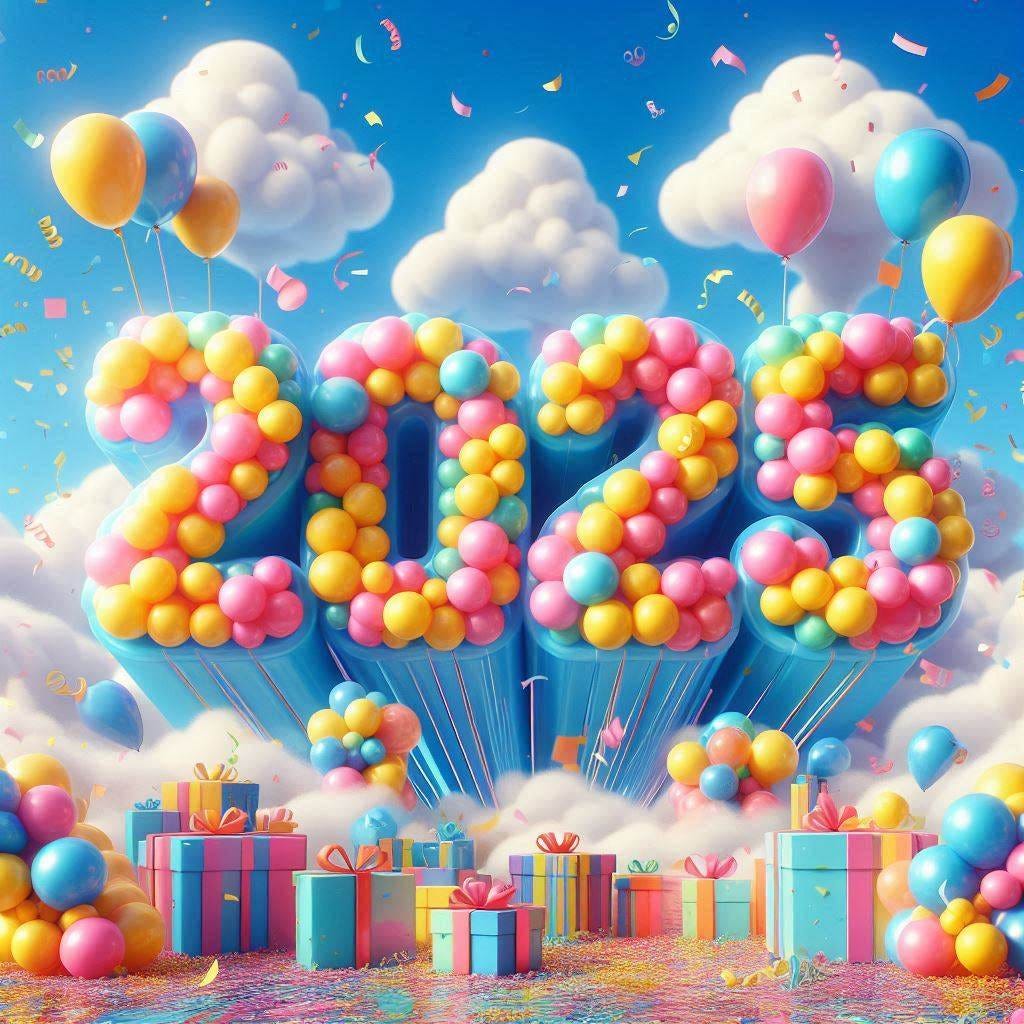 A sparkly AI-generated image of the numbers 2025, made out of balloons.  There are other balloons and confetti.  Everything is exploding out of some clouds, which are somehow holding up a number of large wrapped packages.