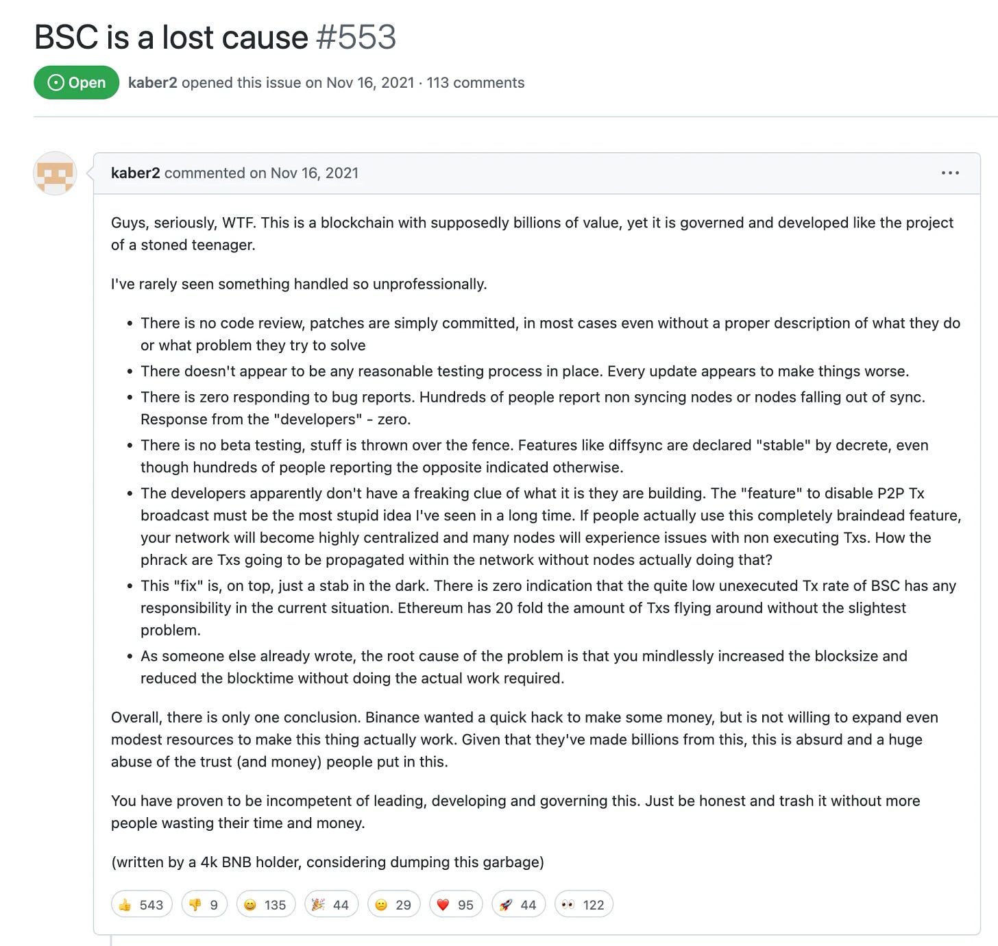 GitHub open issue on "BSC is a lost cause #553"