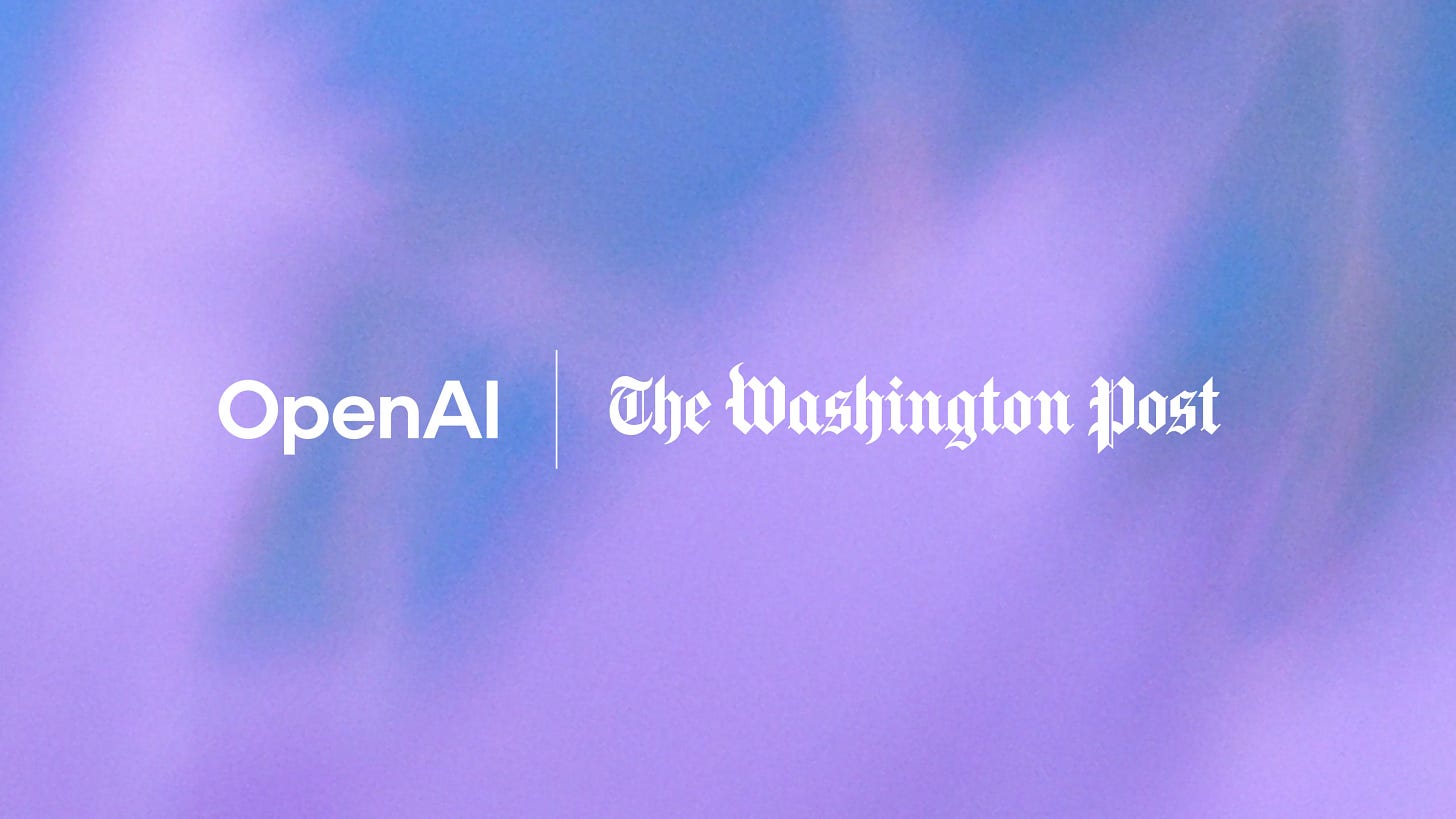 Logotipos da OpenAI e do The Washington Post em um fundo gradiente suave de roxo e azul, separados por uma linha vertical.