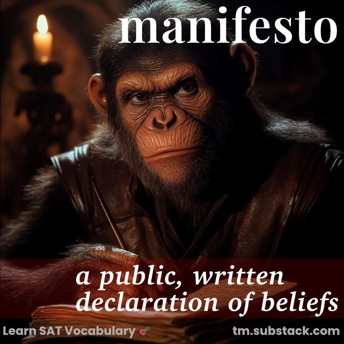 Illustration of a wise old ape writing with a quill pen; used to illustrate the SAT word 'manifesto'.