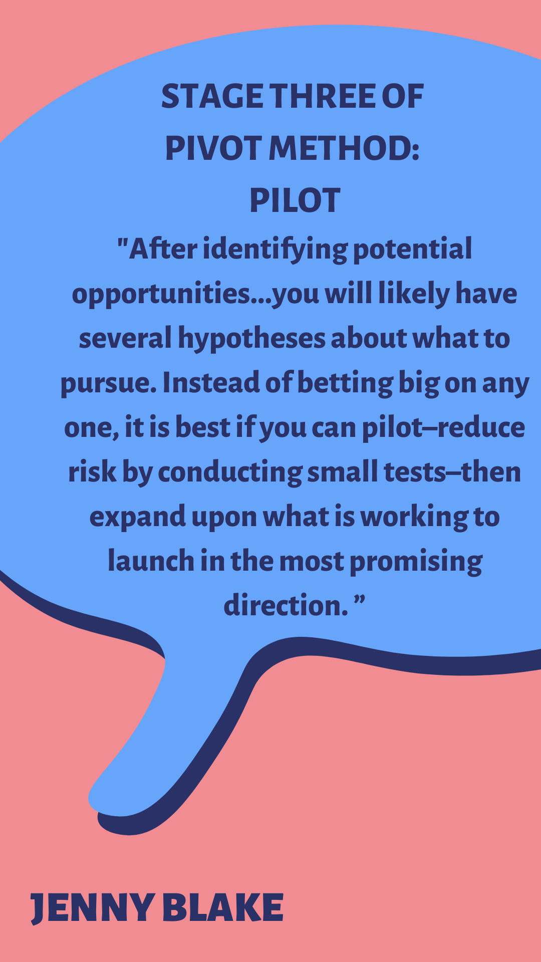 STAGE 3 of PIVOT METHOD: PILOT “After identifying potential opportunities…you will likely have several hypotheses about what to pursue. Instead of betting big on any one, it is best if you can pilot–reduce risk by conducting small tests–then expand upon what is working to launch in the most promising direction,” according to Jenny Blake.