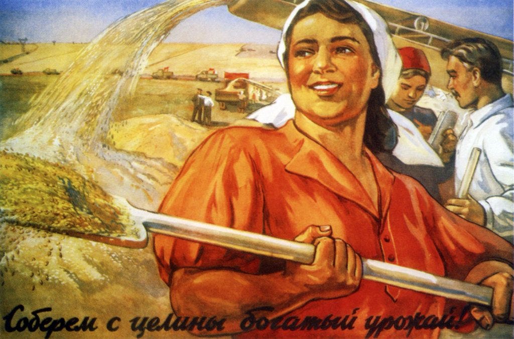 "Let us bring in a rich harvest of new territory!" says a Soviet propaganda poster by Oleg Mikhailovich Sawostjuk in 1927. Photo by Universal History Archive/UIG via Getty images