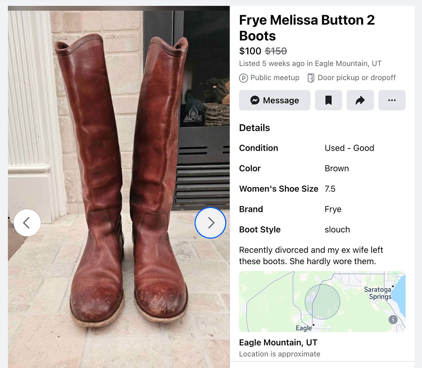facebook marketplace listing for tall brown leather boots. description reads "recently divorced and my ex wife left these boots. she hardly wore them"
