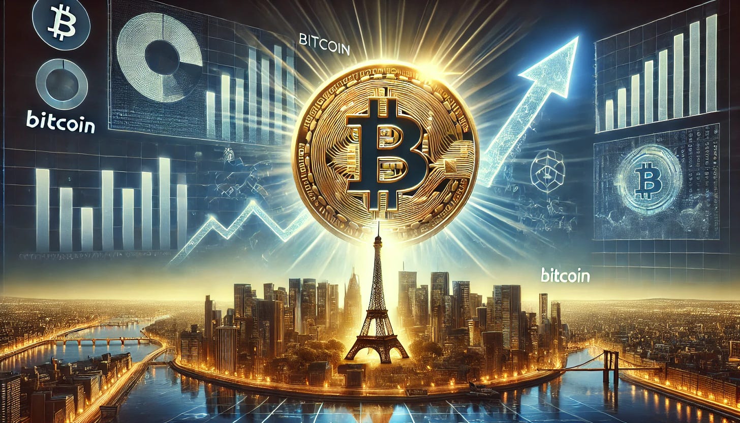 A symbolic and futuristic representation of Bitcoin reaching $100,000 in value. The scene shows a massive golden Bitcoin coin towering over a cityscape with a digital, blockchain-themed aesthetic. The coin emits a glowing aura, with financial charts and upward-trending arrows in the background. To the side, a stylized Eiffel Tower, representing French assets, rises amidst a serene atmosphere, symbolizing growth despite a crisis. The composition combines high-tech and classic elements, illustrating prosperity and resilience in a global financial context.