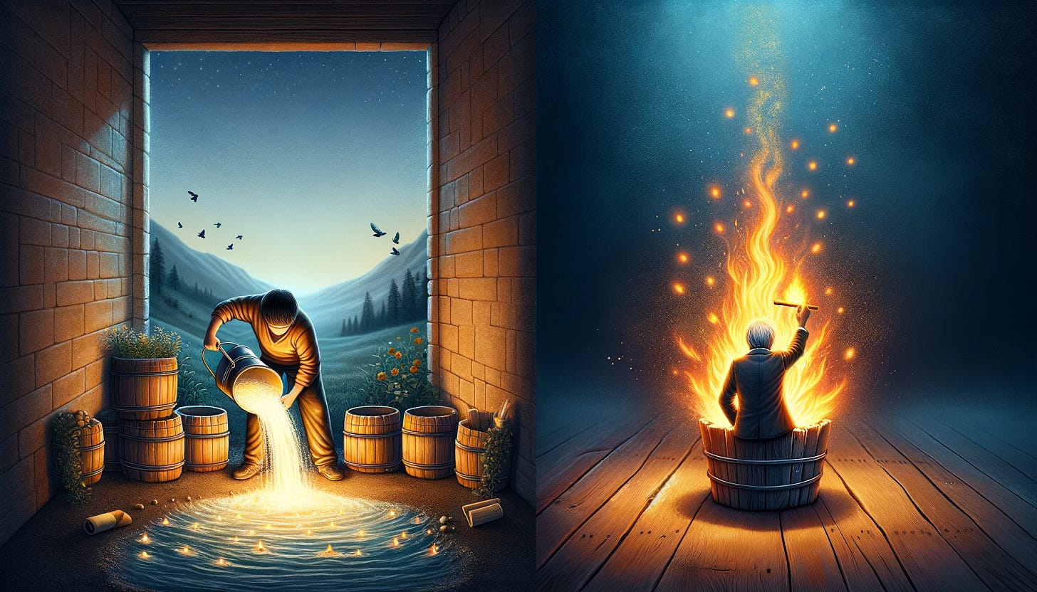 A metaphorical image depicting the saying 'Education is not the filling of a pail, but the lighting of a fire.' The image shows two contrasting scenes. On the left, a person is tediously filling a pail with water, symbolizing a mundane, traditional approach to learning. On the right, a different person is lighting a fire, representing the spark and passion of education. The fire illuminates the surroundings, signifying enlightenment and inspiration. Both individuals should be of diverse descents, and the overall image should evoke a sense of inspiration and contrast between the two approaches to education, fitting a 16:9 aspect ratio.