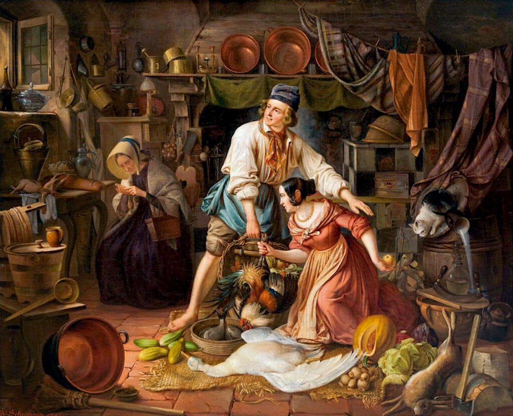 A painting depicts a kitchen busy with three people in a messy kitchen replete with a cat, chicken, and dead goose on the floor, and counters and a fireplace mantle covered with copper pots.