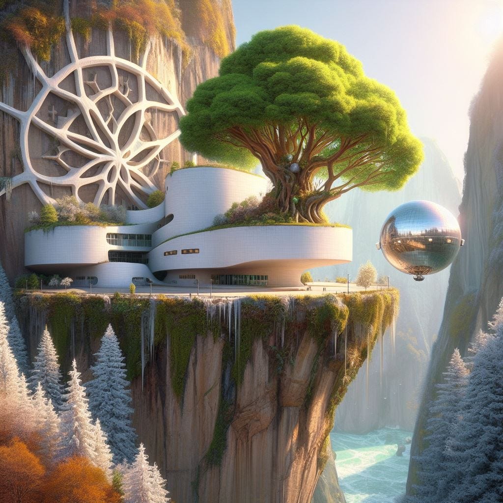 Hyper-realistic; tilt shift; mother earth tree on edge of cliff  with merging Quatrefoil on wall: mother earth tree with white Gothic Tracery: Guggenheim Museum Bilbao.. chunky oil painting scrapes of natural coloration. White spaceship with irridescent hull, see through, hovering.  frozen greenery; frozen trees. Guggenheim Museum Bilbao structures and tracery. Sunlight bright sunny day. Beauty. 