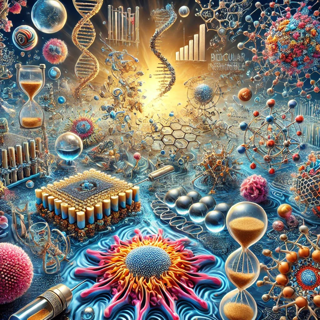 An intricate and detailed image showcasing the field of bionanotechnology. In the foreground, depict nanoparticles interacting with biological cells, highlighting the scale difference. Include bio-inspired nanomachines at the nanoscale, resembling tiny intricate structures like proteins or DNA, showcasing their potential for targeted drug delivery. Show the process of nanoassembly with molecular printers or self-assembly techniques, emphasizing precision and complexity. Include elements of biosensors with enhanced sensitivity and specificity for detecting biomolecules or pathogens. Finally, illustrate the environmental applications of nanomaterials, such as nanoparticles used for water purification, with clean water emerging from a filtration process. The overall image should be vibrant, futuristic, and scientifically accurate, blending biological elements with advanced nanotechnology.