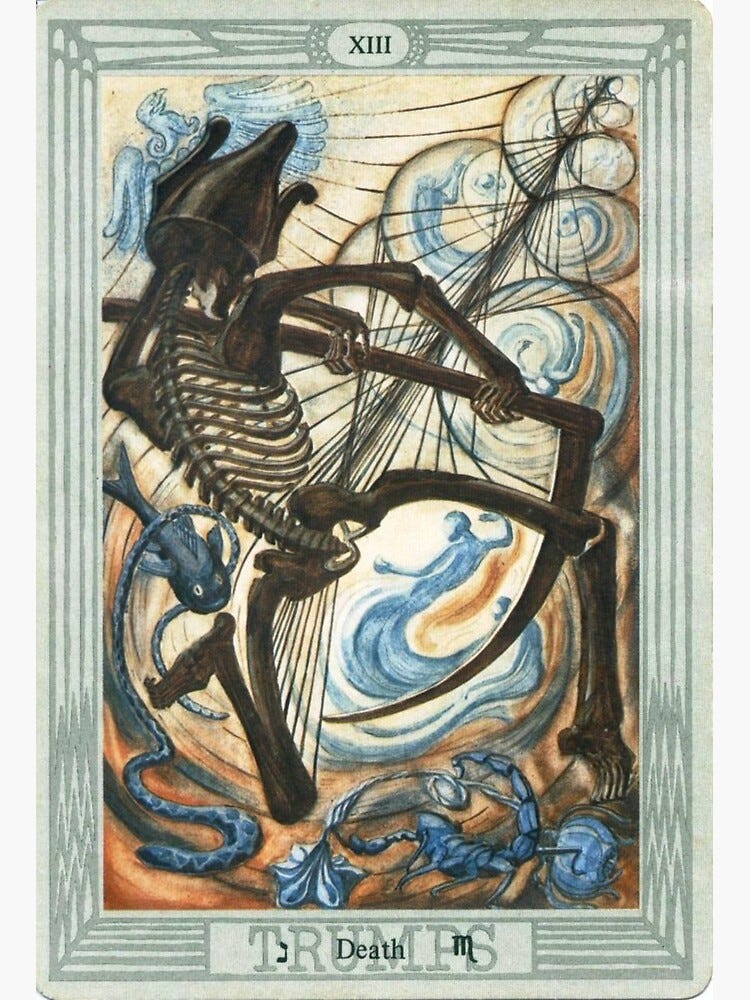 The Death tarot card in the Thoth deck features a skeleton with a scythe and the Scorpio symbol