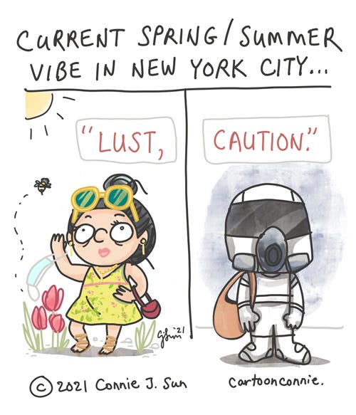Current Vibe: Lust, Caution Sketchbook comic by Connie Sun, cartoonconnie, about the first spring after a pandemic, referencing the Ang Lee film "Lust, Caution"
