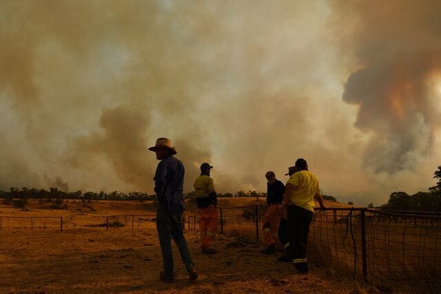 Farmhand Matt Hood views a flank of a fire on January 11, 2020 in Tumburumba, Australia. 