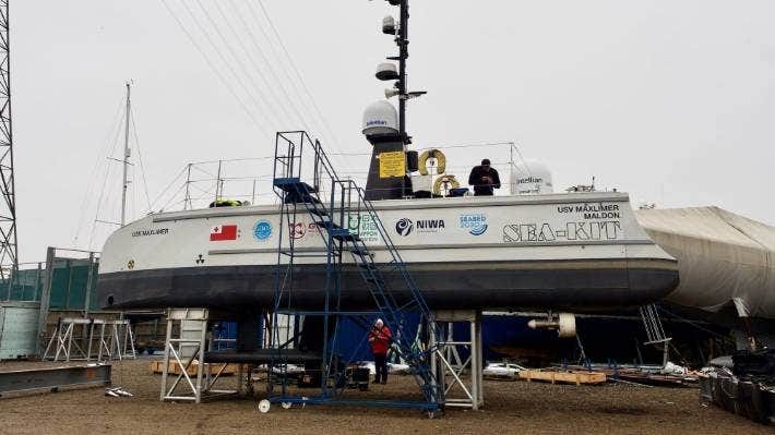 Sea-Kit's USV Maxlimer, pictured here preparing for dispatch to Tonga, has returned with data from the water around the eruption site, showing volcanic activity is ongoing inside.