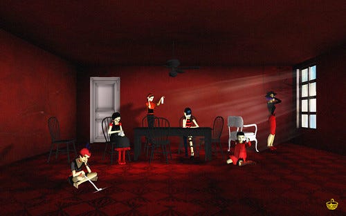 A screenshot of the six Sisters Red in the interior of a strangely black and red room interior. They each appear detached from each other.