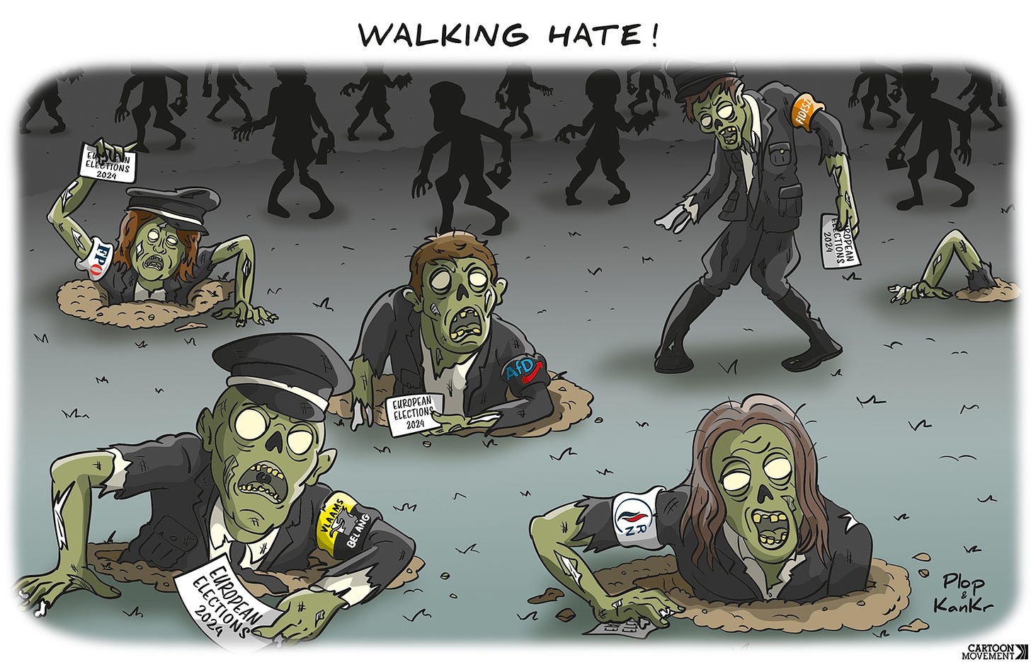 Cartoon showing the leaders of extreme-right parties in Europe as zombies, emerging from the ground, holding smaal pieces of paper in their hands that read ‘European elecitons 2024’.