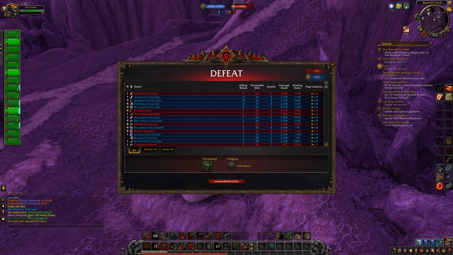 Defeat screenshot of World of Warcraft video game interface.