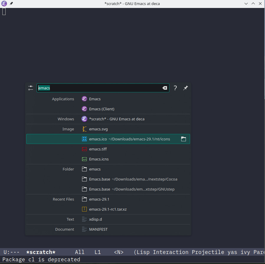Screenshot showing krunner searching for emacs